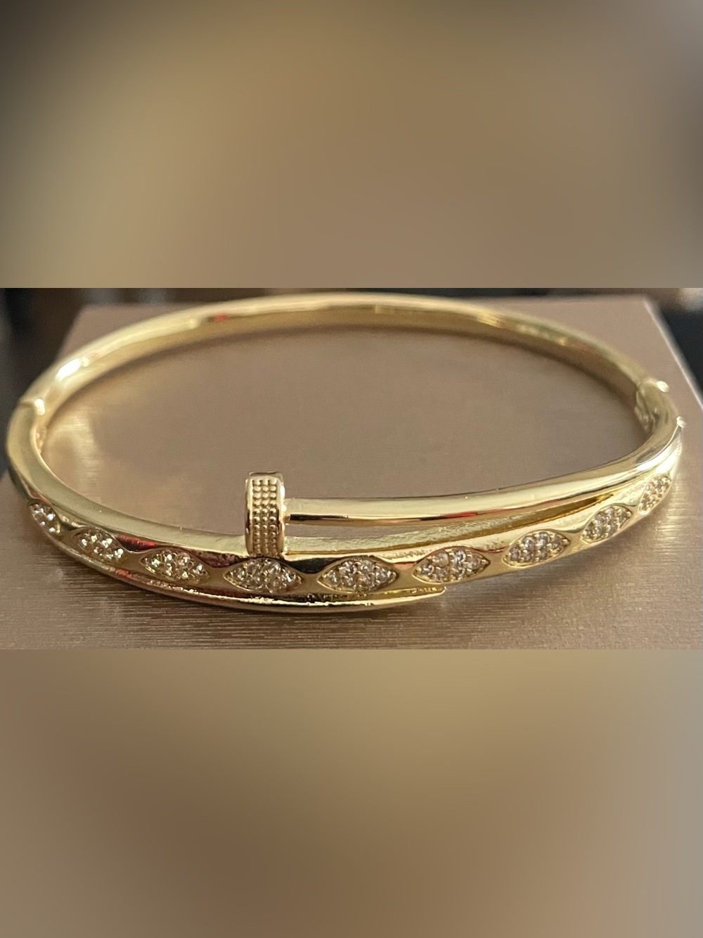 Gold Crystal-Accented Hinged Bangle Bracelet